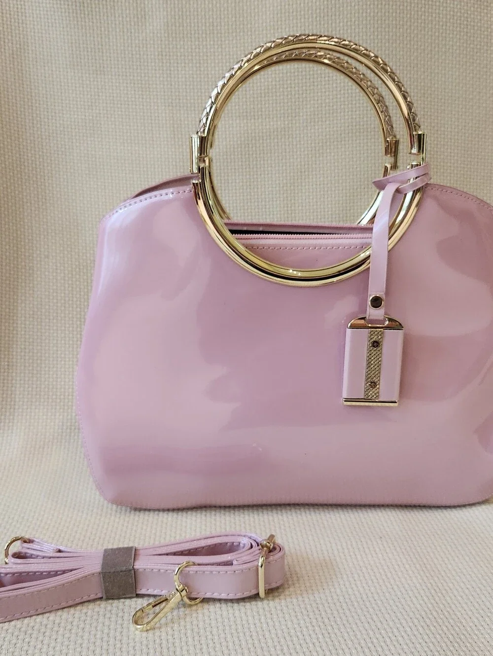 Pink Patent Leather Satchel Gold Ring Top Handle Crossbody Bag Structured Purse - Picture 2 of 16